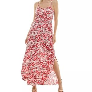 Lily Rose Red Floral Print Maxi Dress Spaghetti Straps Side Slit Women junior XS